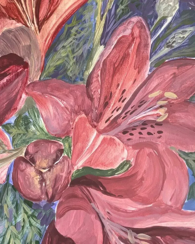 Лилии в синем саду — Гуашь, 21×29 см