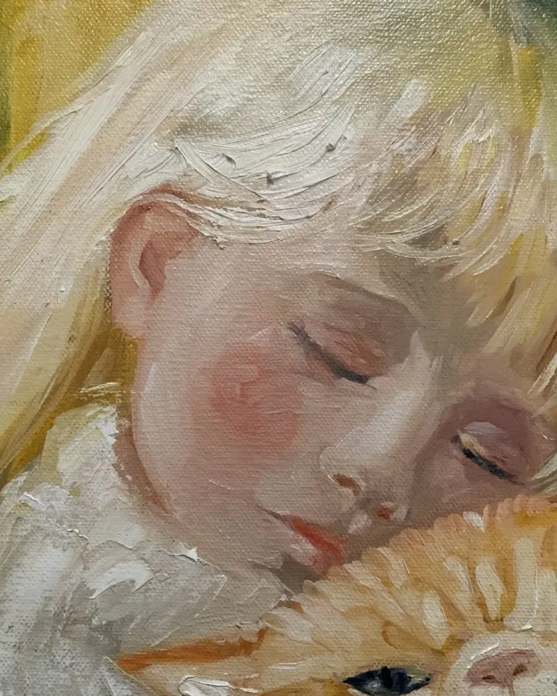 Девочка и рыжий кот. Картина маслом 30×40 см — 30×40 см