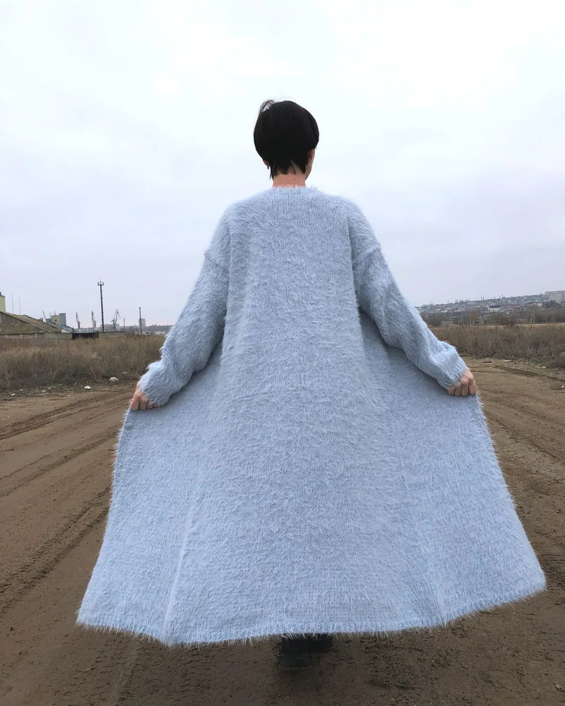 Голубой Женский кардиган длинный — Длинный кардиган