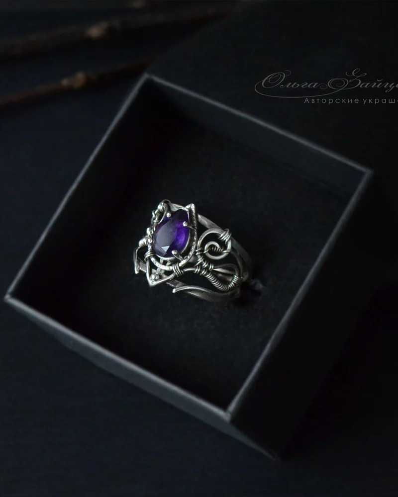 Кольцо с аметистом Ash, широкое кольцо с камнем (фиолетовый камень)