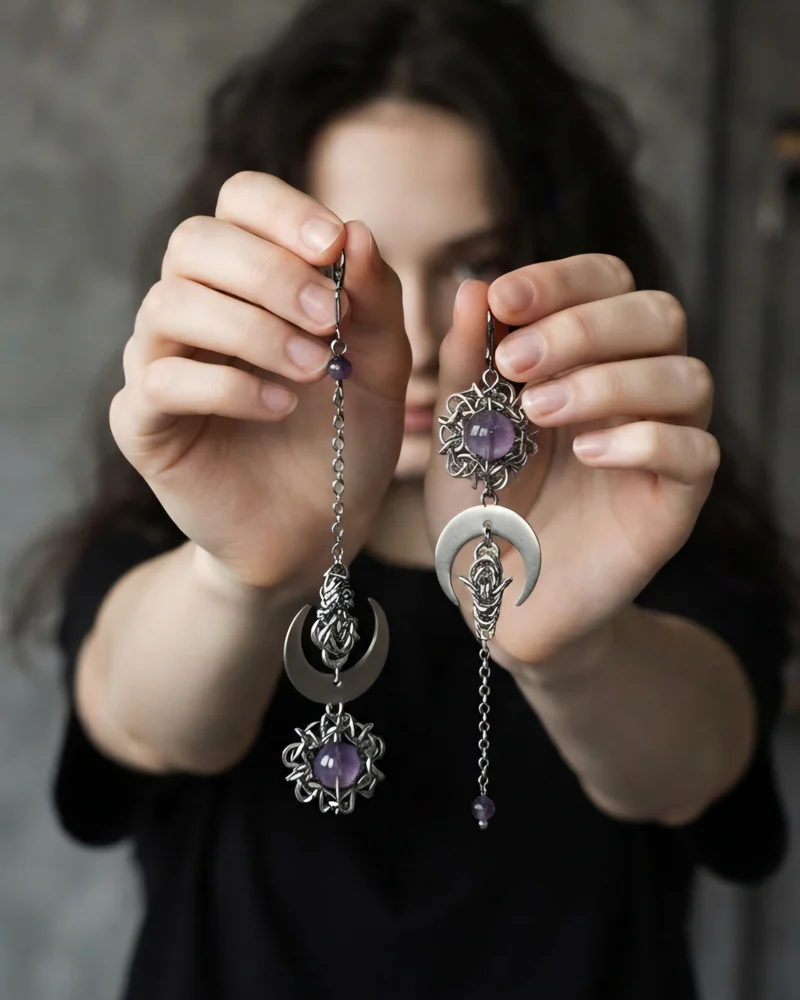 Серьги длинные аметист и лунницы