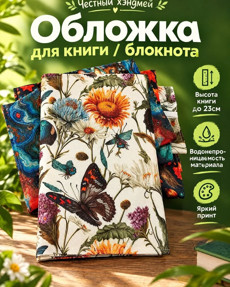 Тканевая обложка для книги A5 с принтом — A5, белый цветочный принт