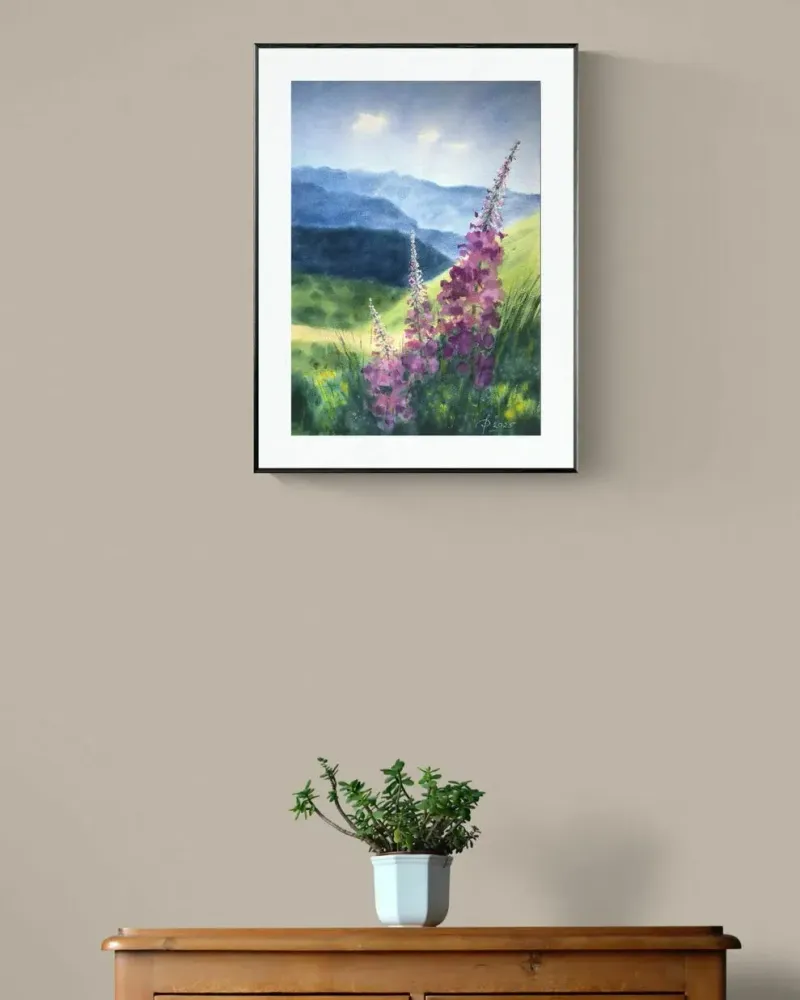Горный пейзаж с иван-чаем. Акварель — 30×42 см