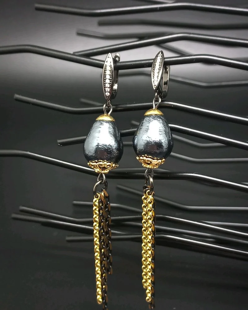 Серьги Black and gold хлопковый жемчуг черный золотой