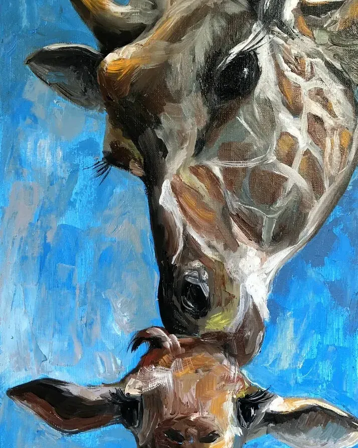 Жирафы. Мама и малыш. Картина маслом 30×60 см — 30×60 см