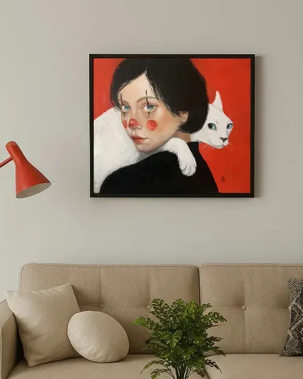 Клоунесса и белый кот. Картина маслом 60×70 см — 60×70 см