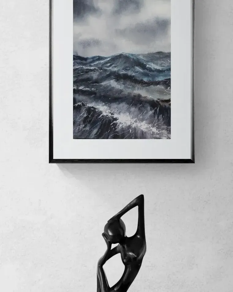 Буря. Шторм на море, акварель — 30×40 см