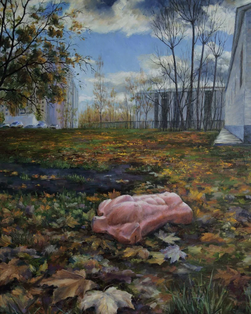 На районе. Осень манекена. Масло, холст
