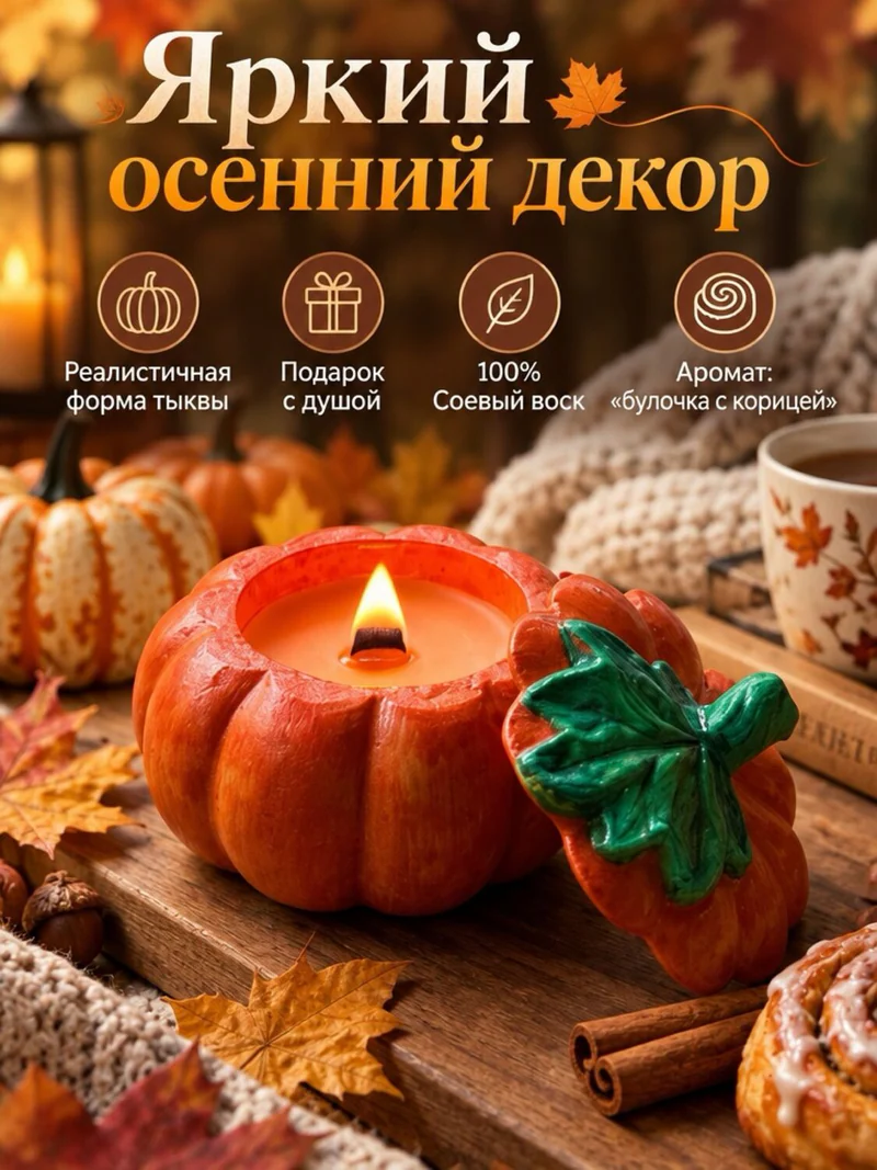 Свеча-тыковка в гипсовом подсвечнике