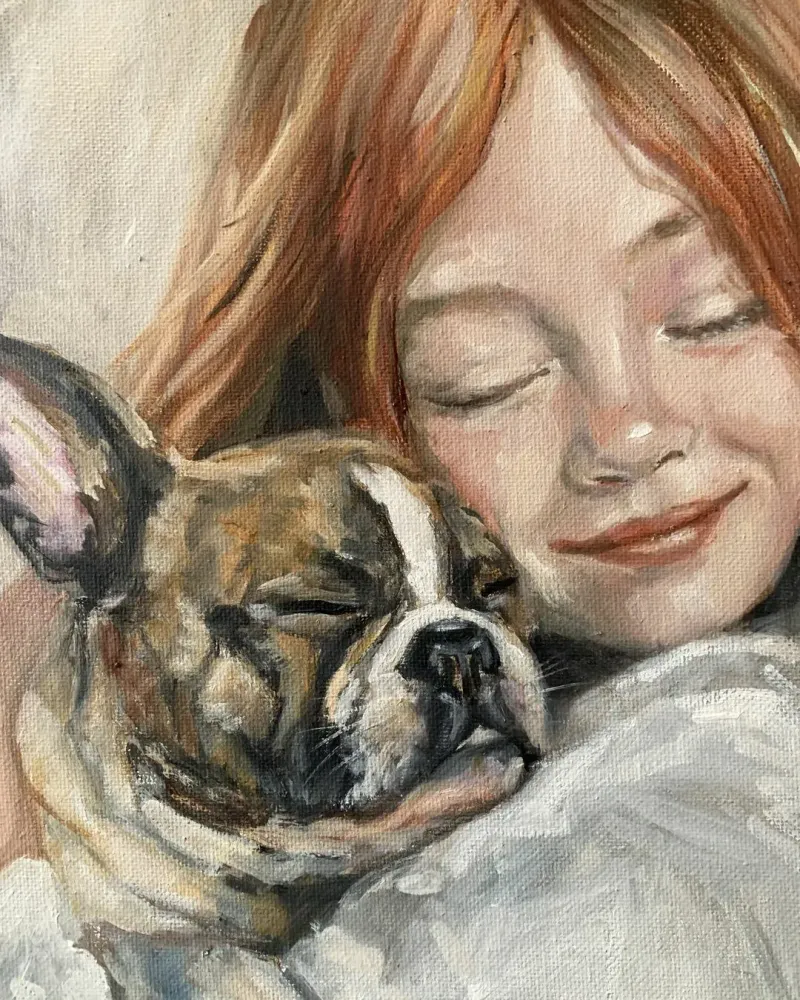 Девочка и французский бульдог. Картина маслом 20×30 см — 20×30 см