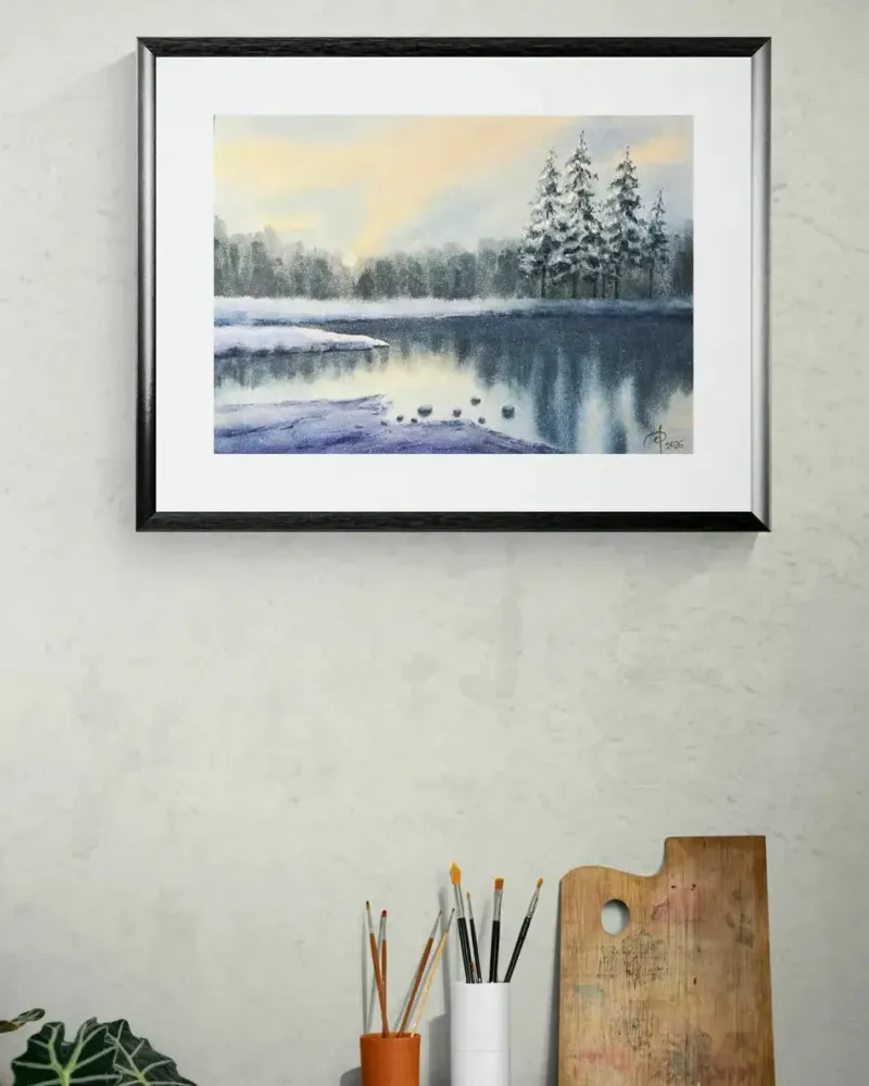 Зимний пейзаж с рекой. Акварель — 30×42 см