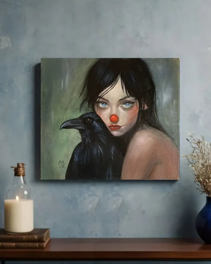 Клоунесса с вороном. Картина маслом 35×40 см — 35×40 см
