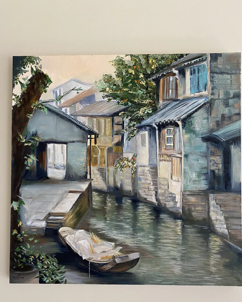 Картина маслом 50×50 см. Китайская Венеция. Пейзаж — Оригинал