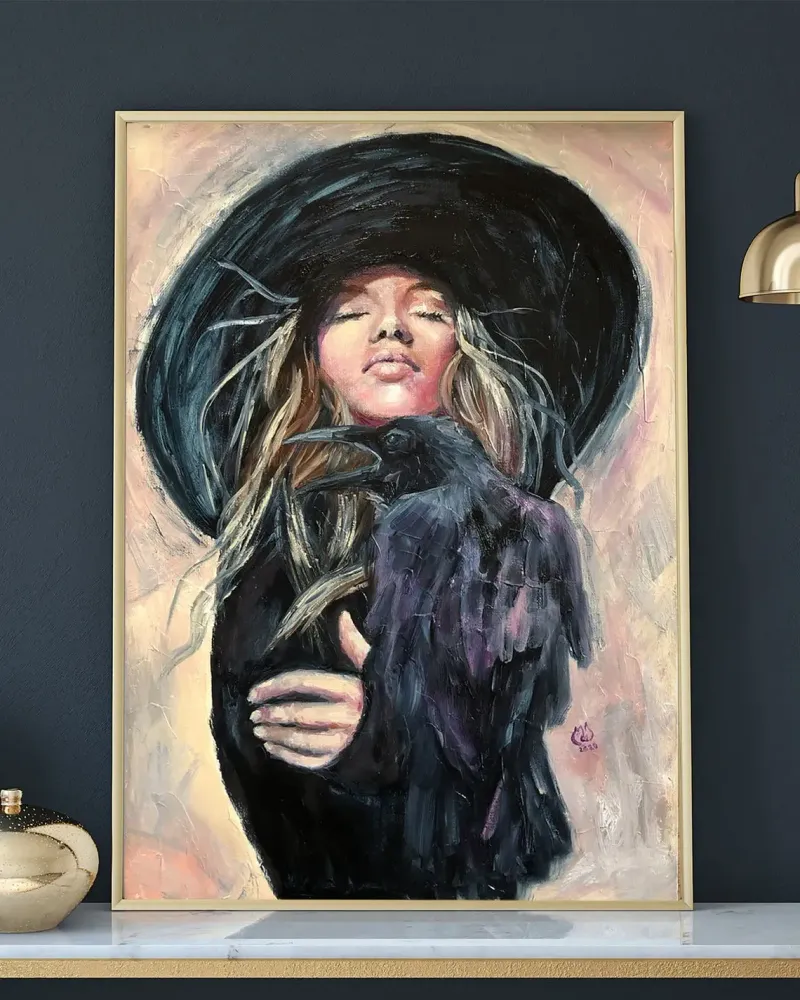Девушка и ворон. Картина маслом 35×50 см — 35×50 см