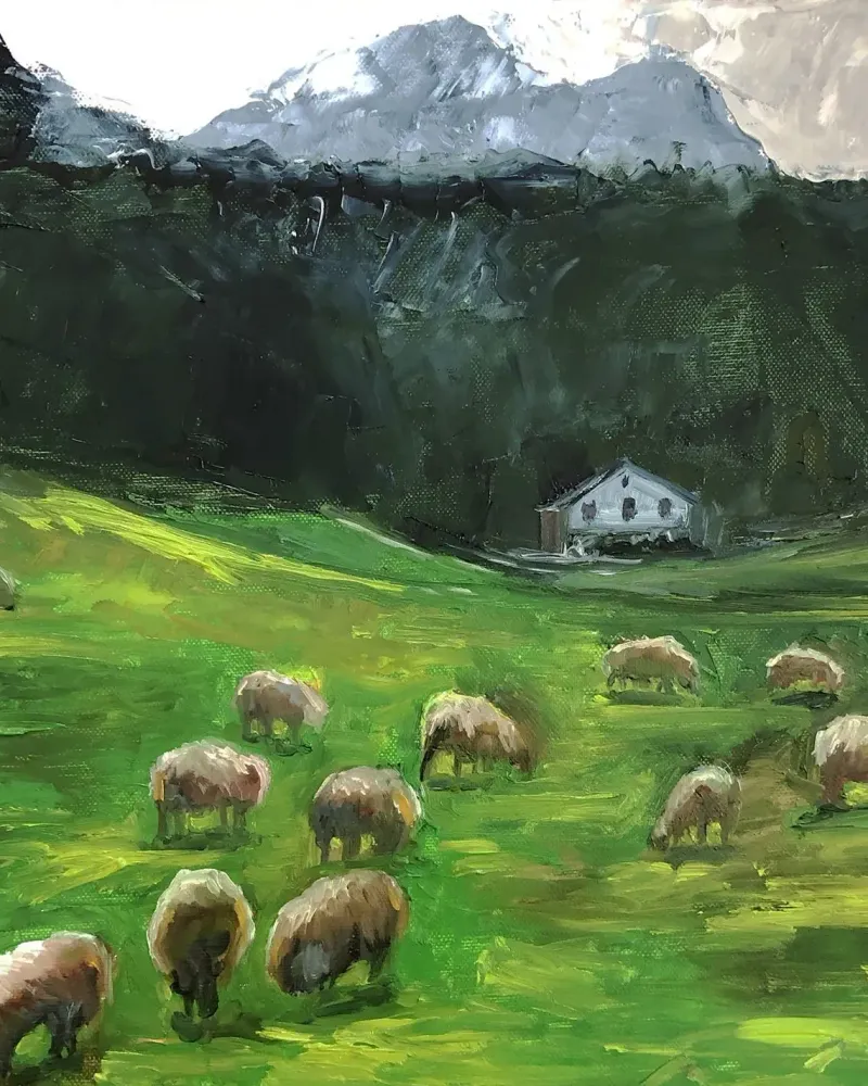 Летний пейзаж с овцами. Картина маслом 40×40 см — 40×40 см