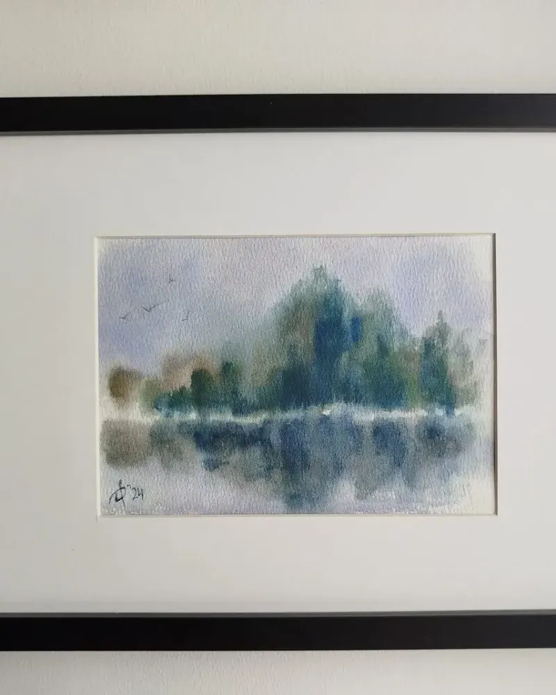 Пейзаж с отражением. Акварель в раме — 13×19 см, в раме
