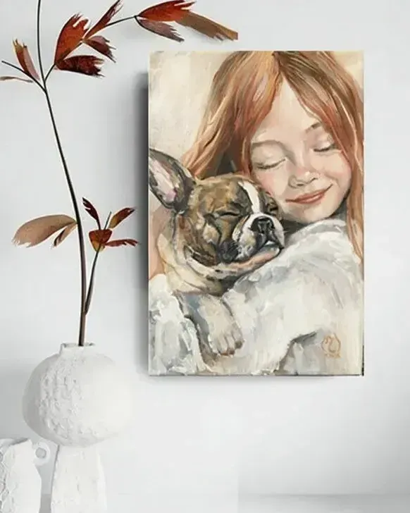 Девочка и французский бульдог. Картина маслом 20×30 см — 20×30 см