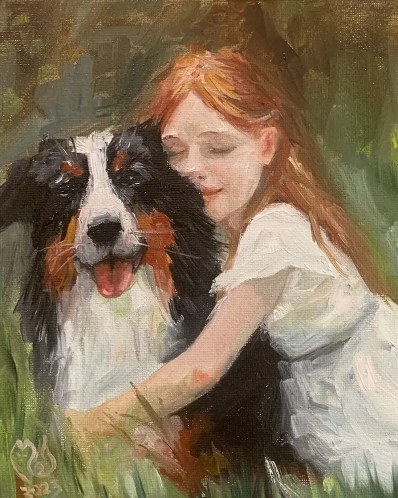 Девочка с собакой. Картина маслом 20×20 см — 20×20 см