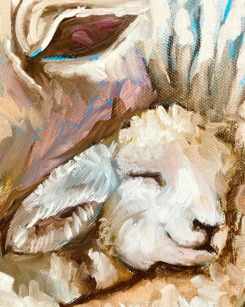 Овечка мама и малыш. Картина маслом 30×30 см — 30×30 см
