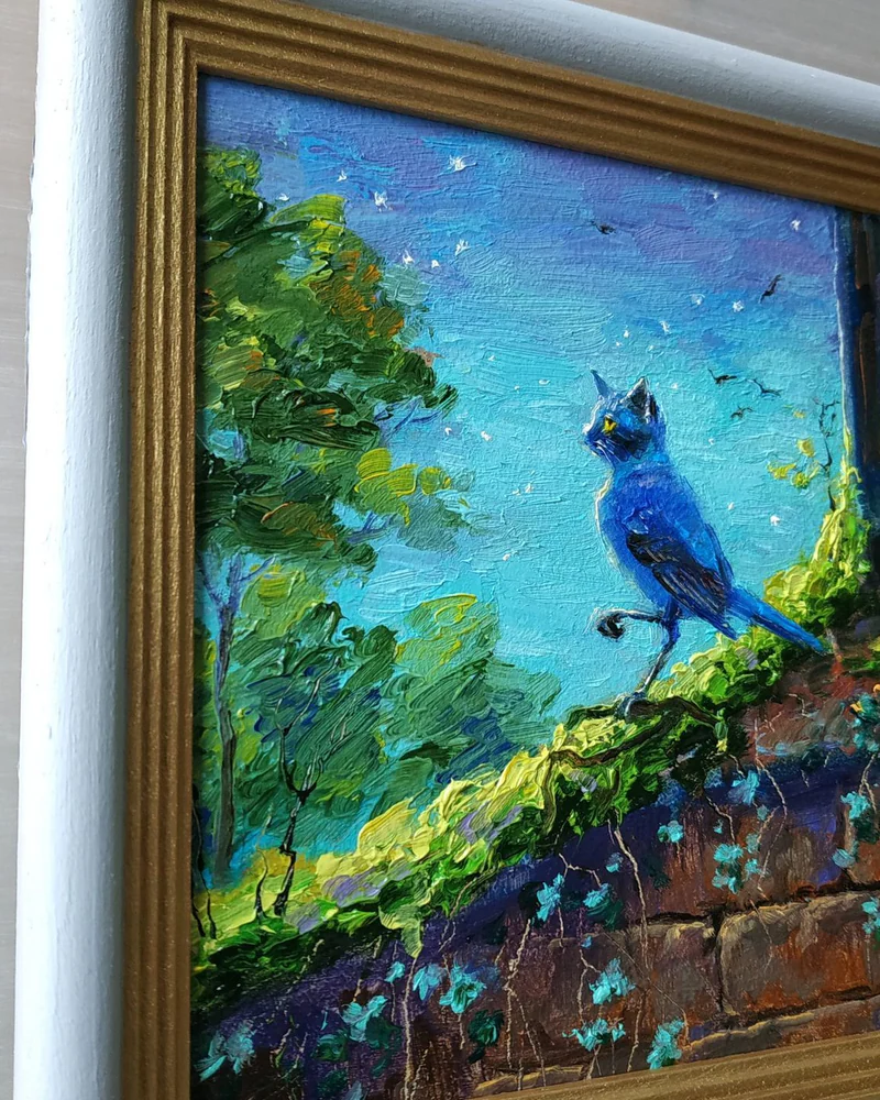 Котоптичка. Миниатюра маслом