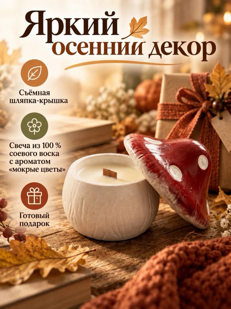 Аромасвеча «Мухомор» в гипсовом подсвечнике