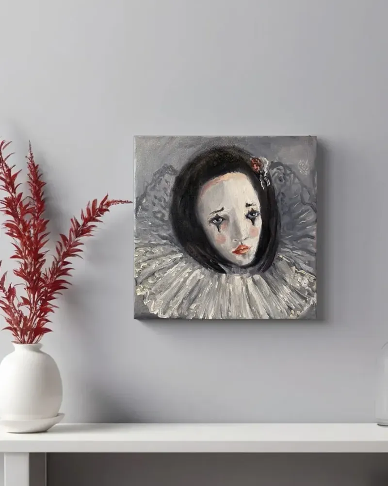 Печаль клоунессы. Картина маслом 20×20 см — 20×20 см