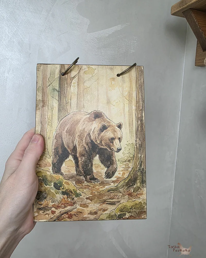 Деревянный блокнот А5 на кольцах в клетку — Bear