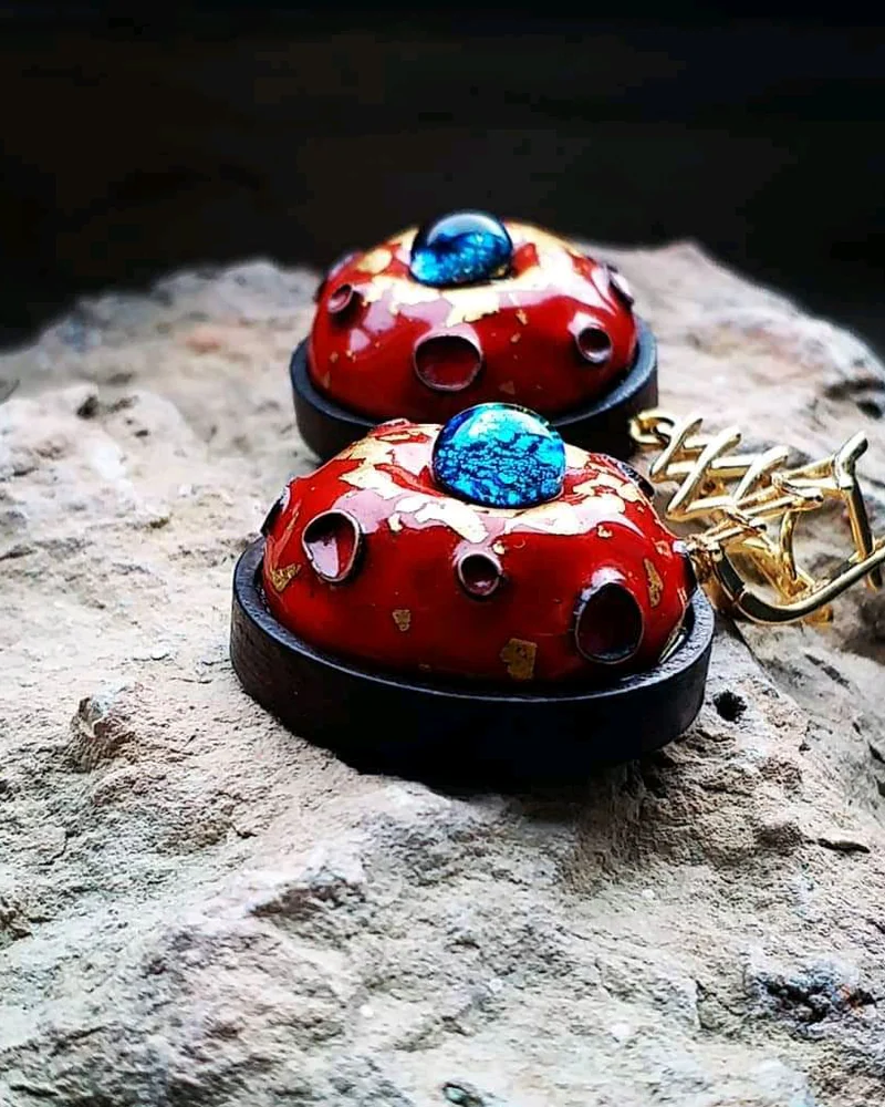 Авторские серьги "Китайские красные" с горячей эмалью