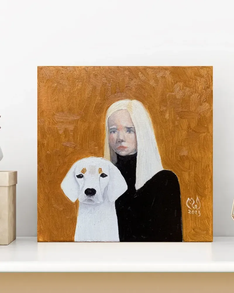 Девочка с собакой. Картина маслом 20×20 см — 20×20 см