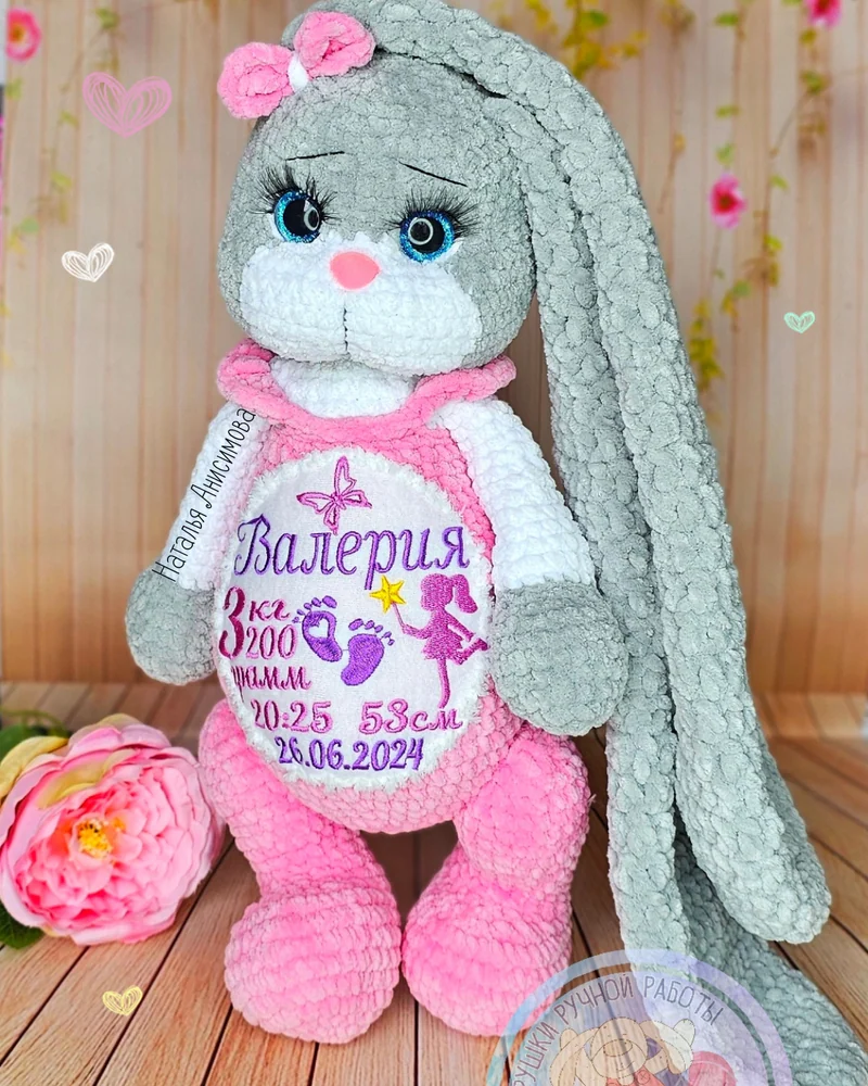 Игрушка с метрикой, вязаная игрушка зайчик, вязаный зайчик — Серый