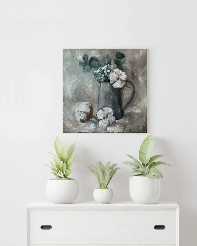 Цветы и хлопок. Картина маслом 40×40 см — 40×40 см