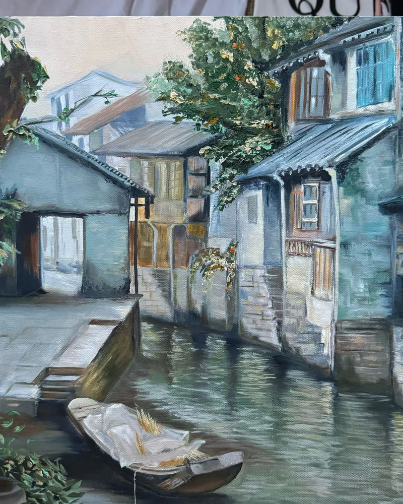 Картина маслом 50×50 см. Китайская Венеция. Пейзаж — Оригинал
