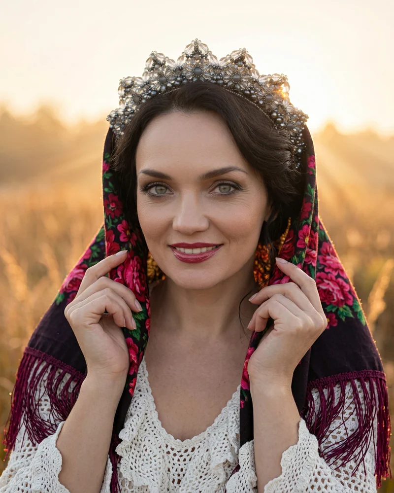 Кокошник-венец в русском стиле, серебристый, с жемчугом и камнями