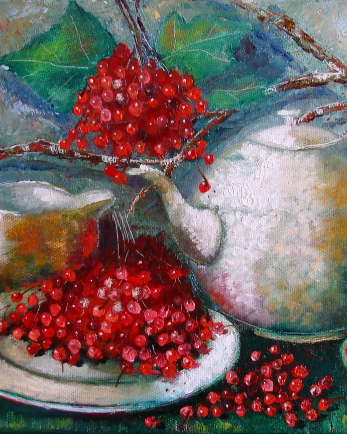 Чай с калиной. Картина маслом натюрморт