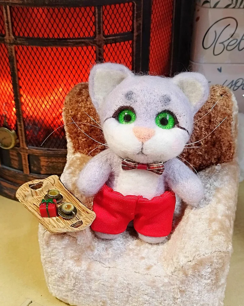 Серый Котик игрушка из шерсти, фигурка кота