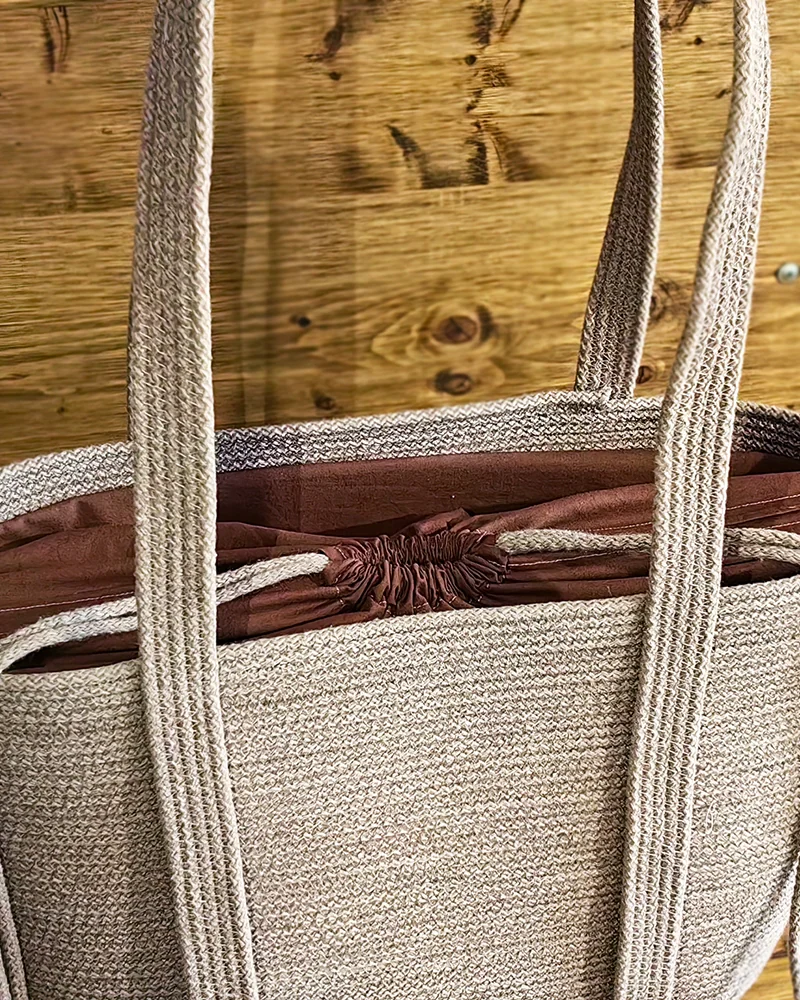 Большая сумка из хлопкового шнура с длинными ручками и затяжкой — Корица, повышенная жёсткость
