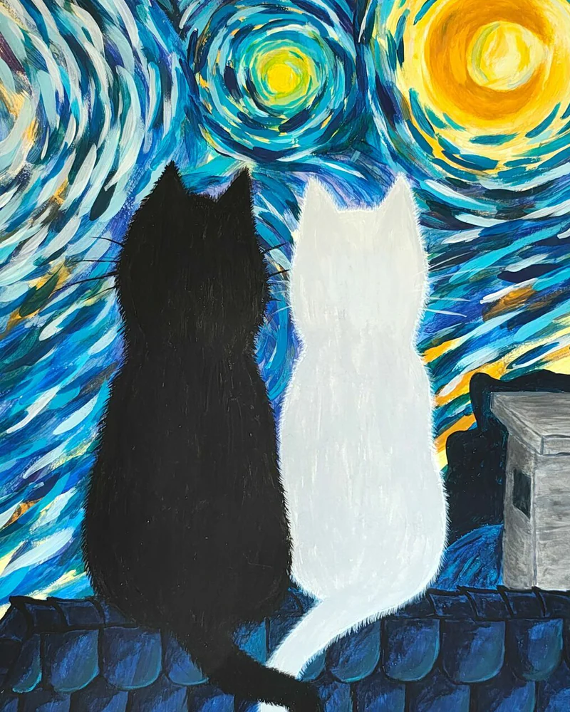 Звёздная кошачья ночь. 29,5×42 см. Акрил, бумага