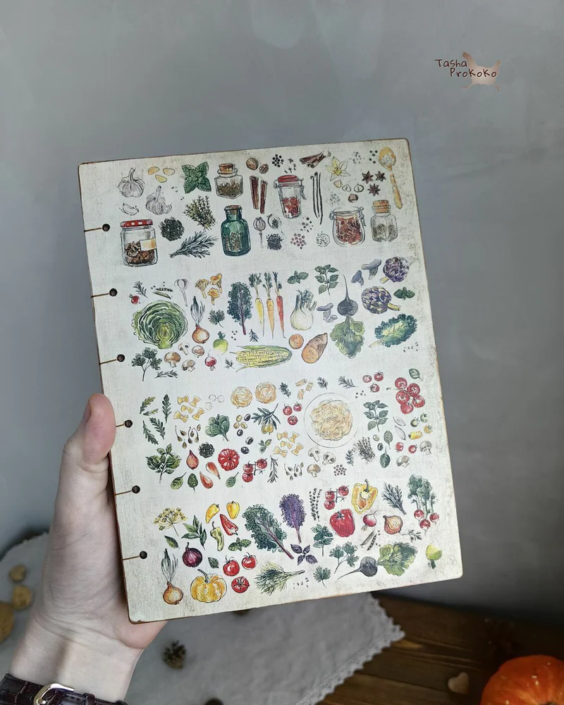 Деревянная книга рецептов А5 «Овощная» с коптским переплётом — Овощная 2.2