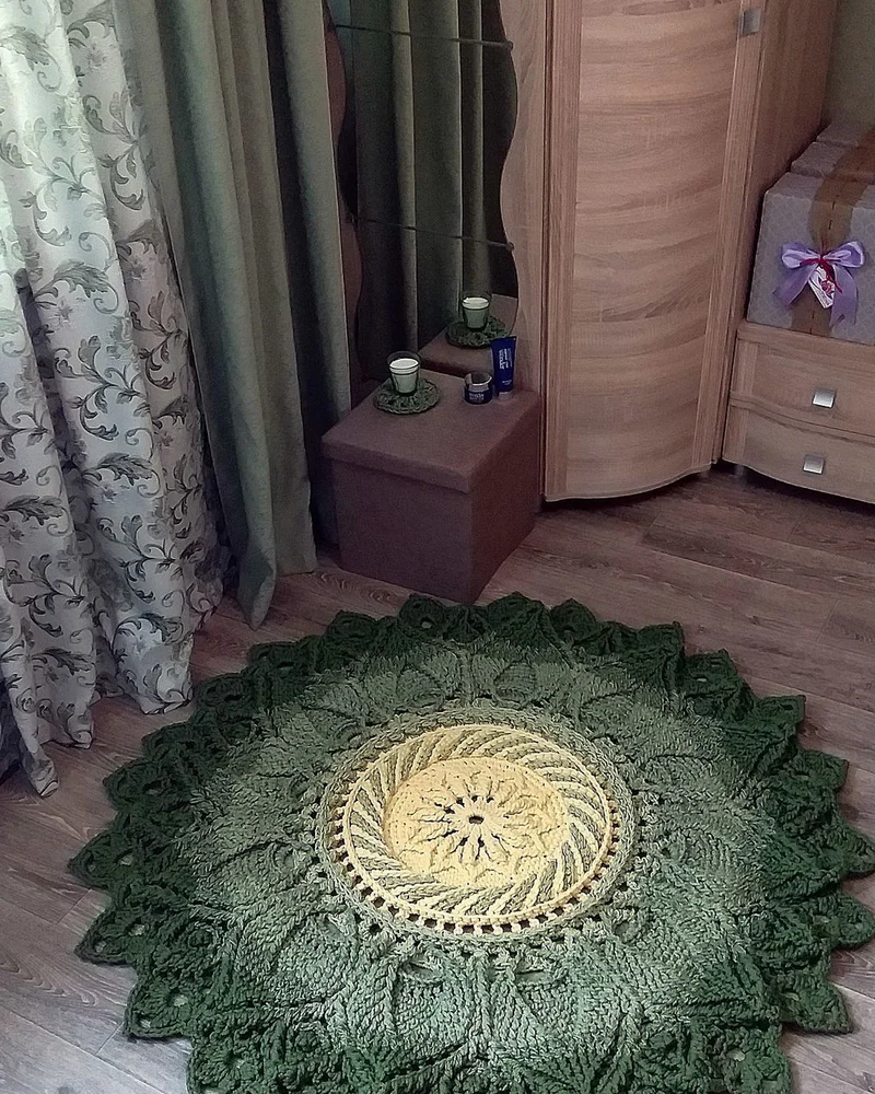 Ковёр вязаный ажурный «Лотос» — Зелёный с жёлтым