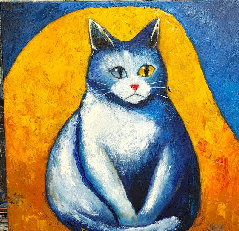 Синий кот 4 (гетерохромия), Масло, холст. 40×40 см
