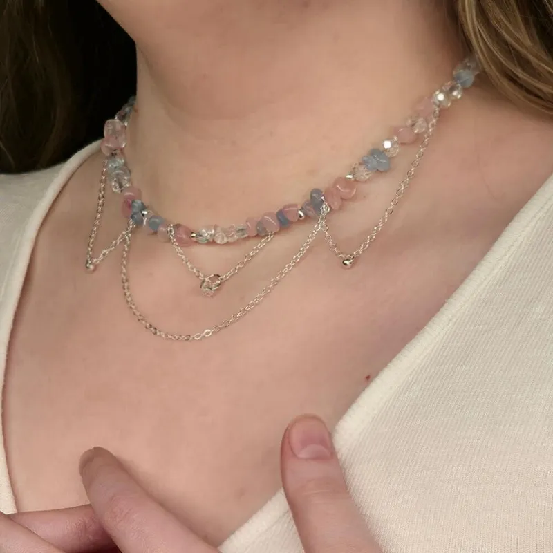 Колье из аквамарина и розового кварца