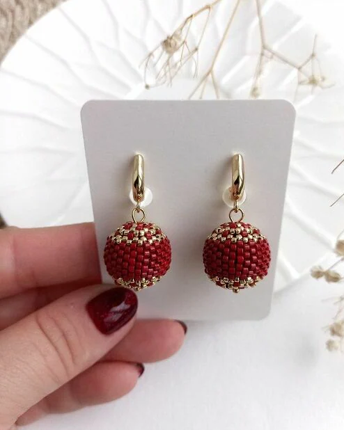 Серьги Шарики Сферы из бисера бордовый золотой подарок девушке
