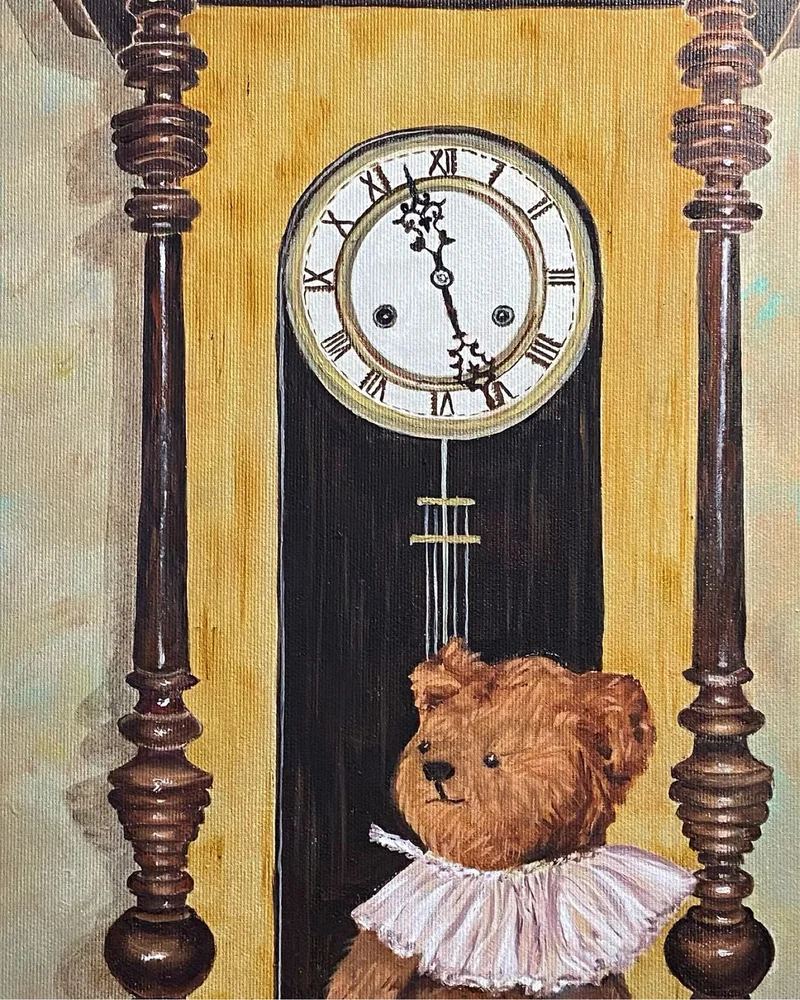 Картина маслом 30×60 “Five o ‘clock” (мишка и часы) — Оригинал