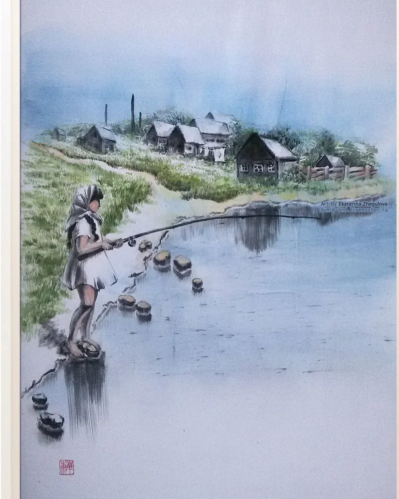 Картина Летний зной 50x70 синий хутор рыбалка вода деревня