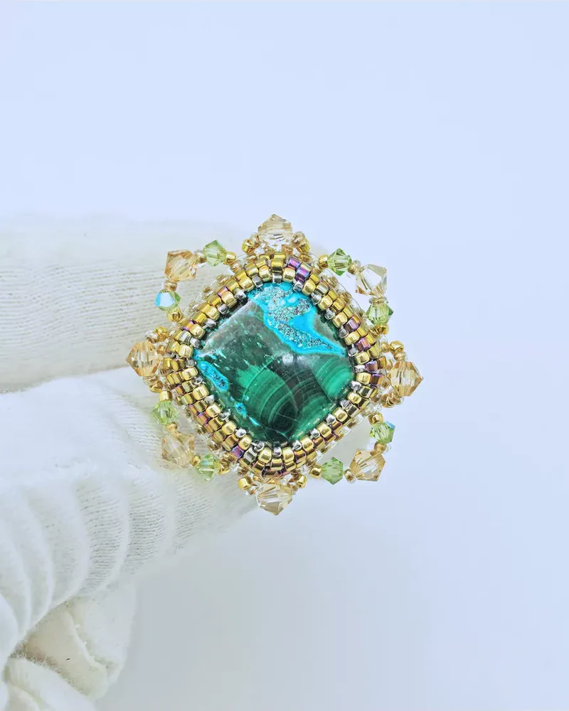 Авторское кольцо с хризоколлой и Swarovski