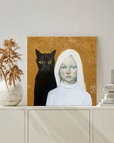 Девочка с котом. Картина маслом 20×20 см — 20×20 см