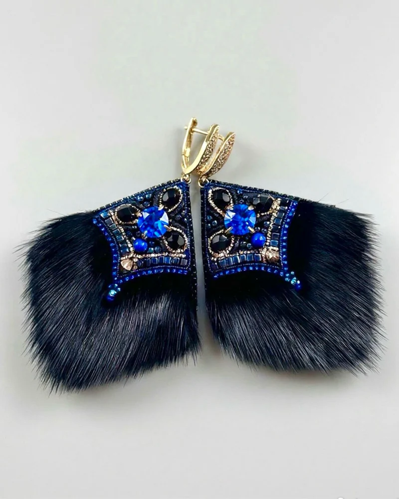 Серьги с мехом норки, синий
