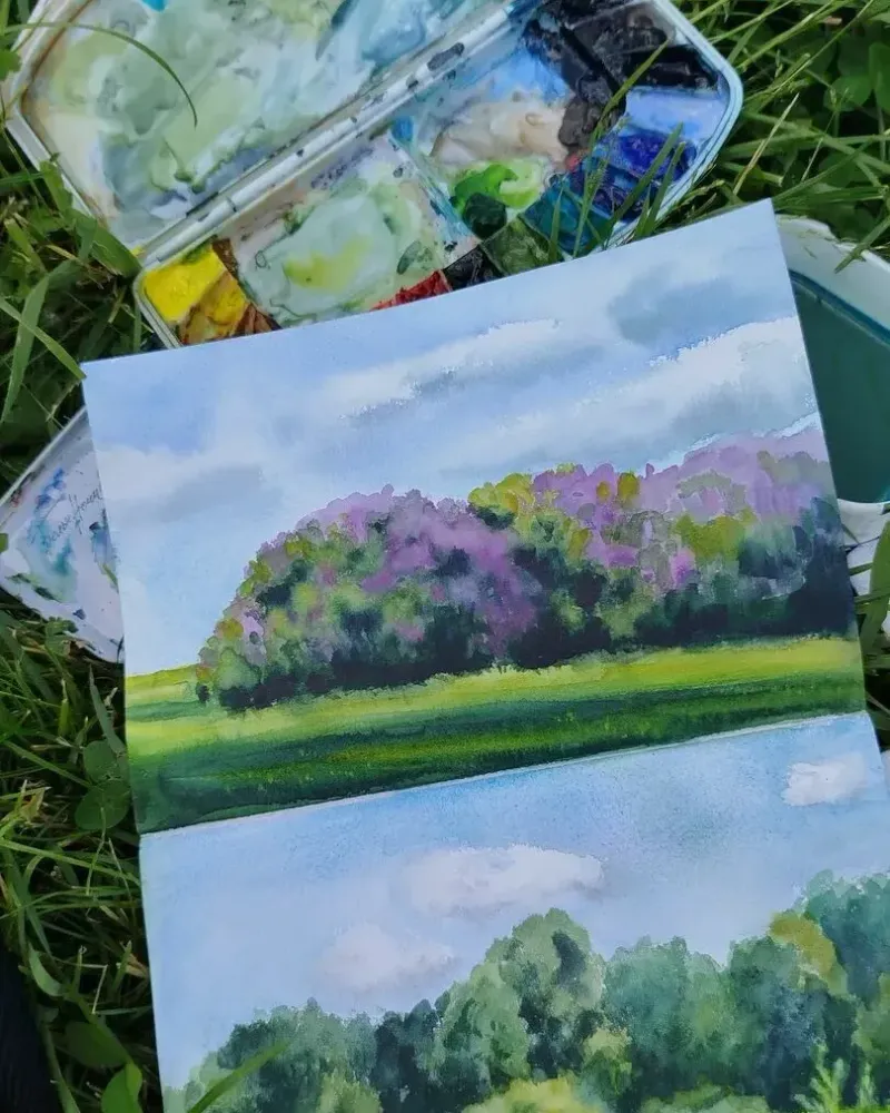 Кусты сирени. Акварель в раме — 14×21 см, в раме