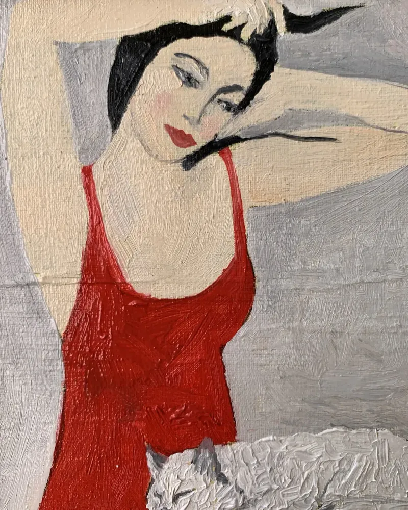 Девушка и кот. Картина маслом 15×25,5 см — 15×25,5 см