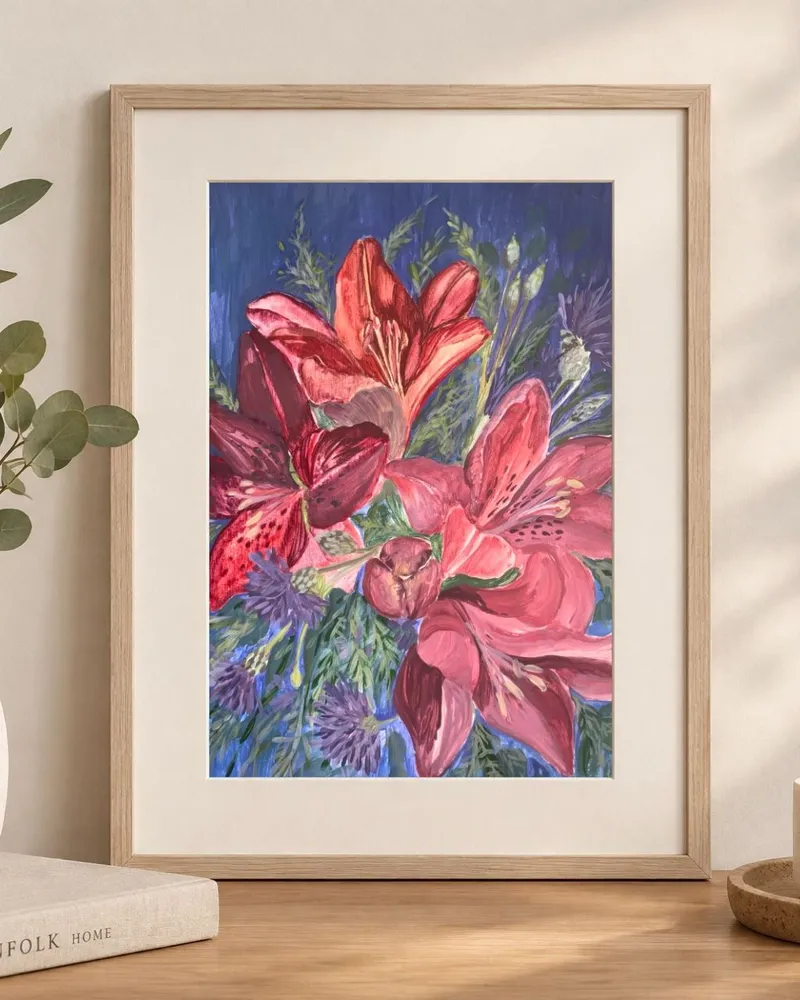 Лилии в синем саду — Гуашь, 21×29 см